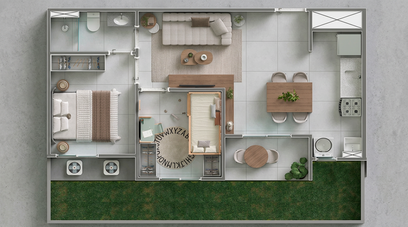 Planta humanizada de apartamento de 2 quartos com sala integrada, cozinha, banheiro e varanda com jardim.