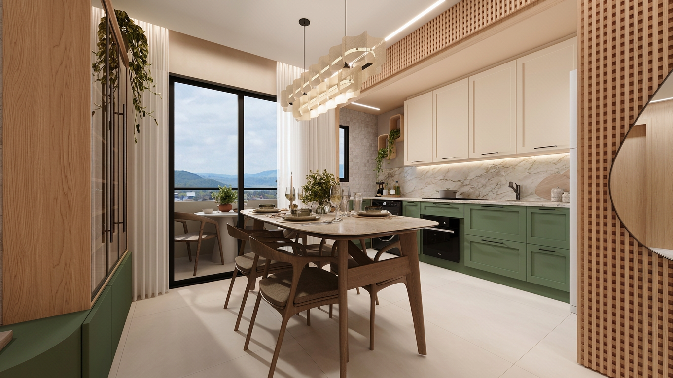 Sala de jantar integrada à cozinha planejada em tons verdes e madeira clara, com varanda ampla.