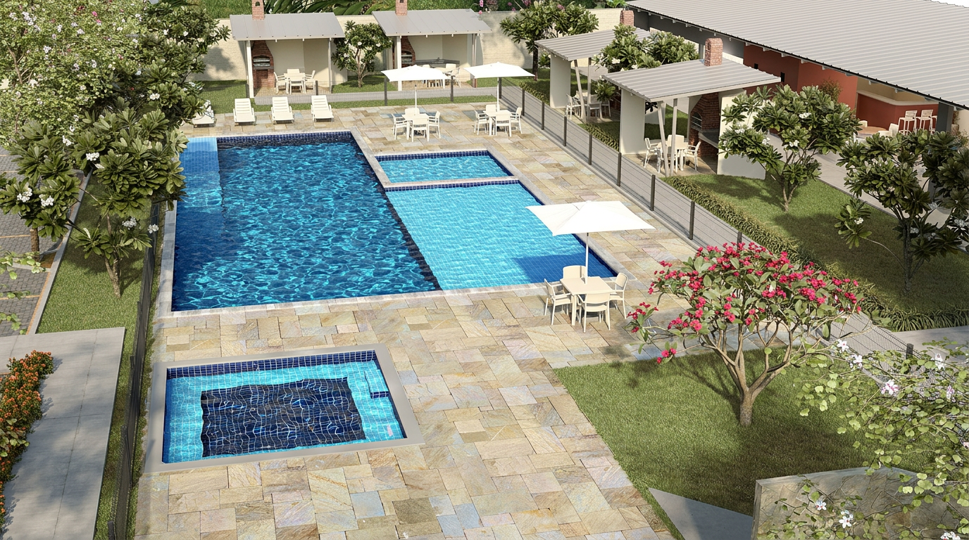 Vista aérea de área de lazer com piscina adulto, piscina infantil e deck em pedra natural.