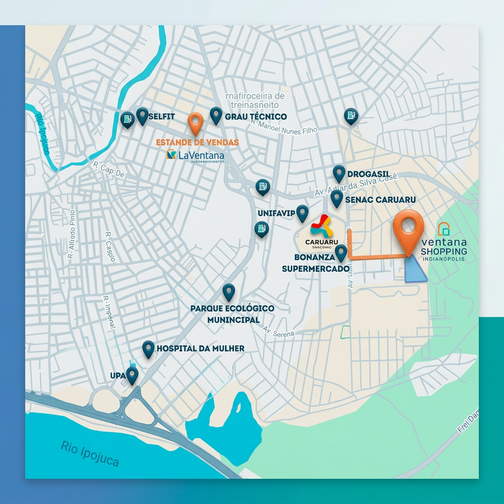 Mapa ilustrativo do entorno com pontos de interesse: supermercado, escolas, shopping, hospital, parque e academia próximos ao empreendimento.